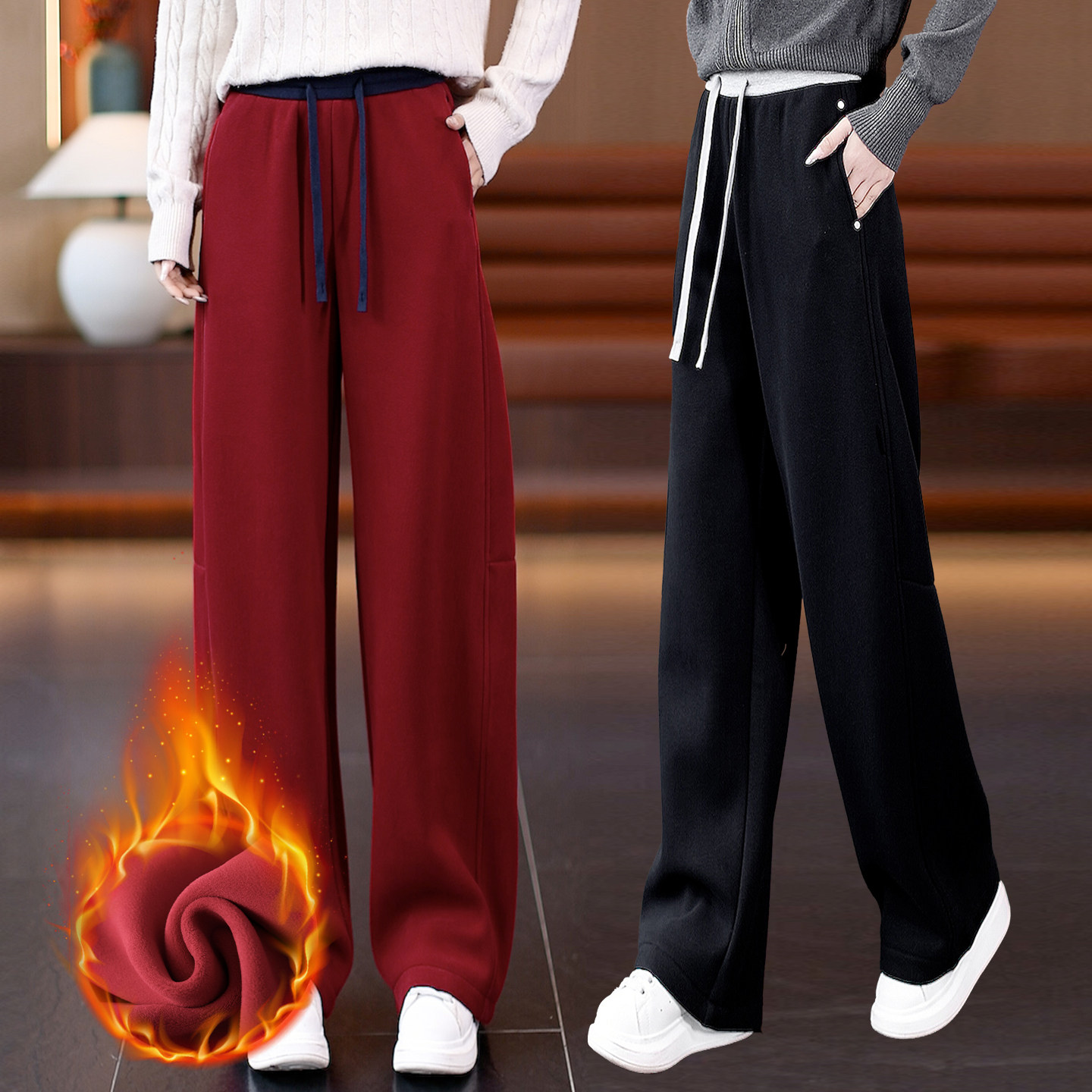 秋冬新款加绒加厚松紧腰抽绳休闲裤女百搭高腰宽松显瘦阔腿弯刀裤,女装/女士精品,休闲裤,淘宝优惠券,粉丝福利购,淘宝优惠卷