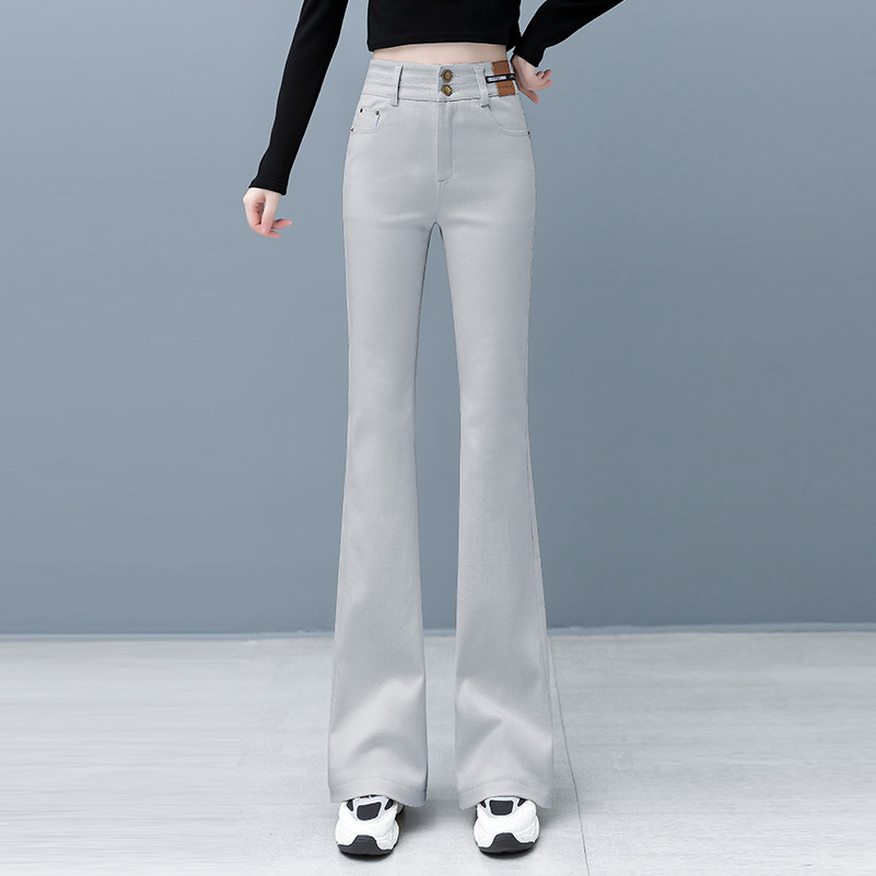 莫兰迪灰牛仔裤女弹力修身春夏高腰显瘦微喇裤时尚百搭喇叭马蹄裤