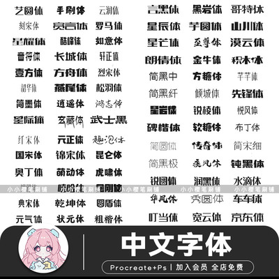 procreate字体中文可爱古风卡通字体平面设计书法书写ps字体素材