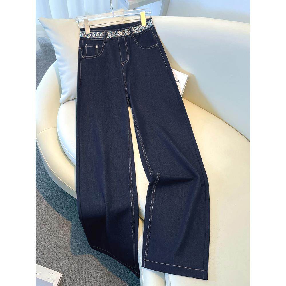 拉夏贝尔宽松丹宁蓝牛仔裤女秋季2025新款高级感刺绣直筒阔腿裤子,女装/女士精品,牛仔裤,淘宝优惠券,粉丝福利购,淘宝优惠卷