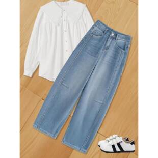 女2026新款 弯刀裤 春装 宽松胖mm显瘦大码 香蕉裤 拉夏贝尔阔腿牛仔裤