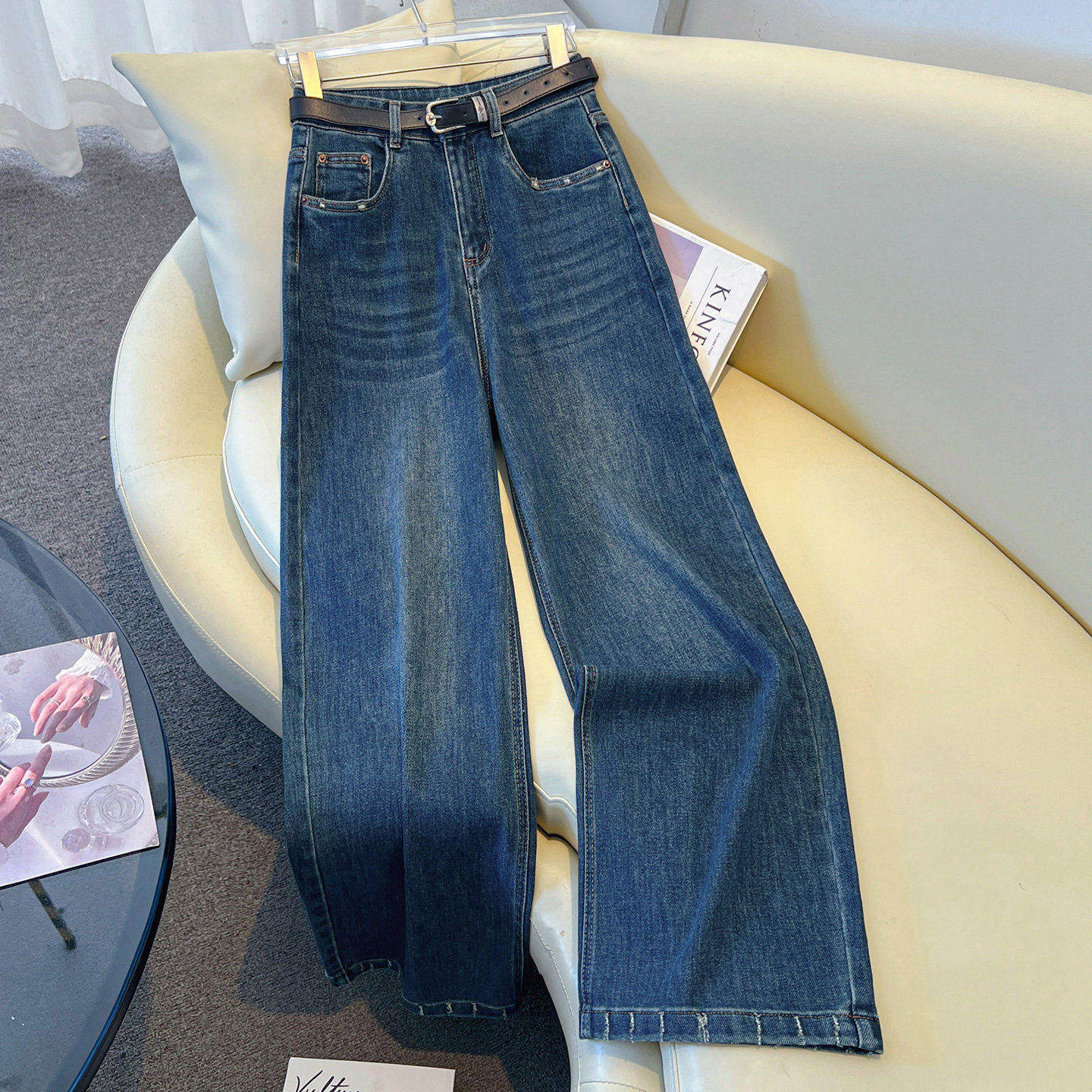 拉夏贝尔毛边破洞牛仔裤女2026早春新款高腰宽松拖地裤直筒宽裤子,女装/女士精品,牛仔裤,淘宝优惠券,粉丝福利购,淘宝优惠卷