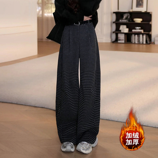 拉夏贝尔复古格子加绒裤女2026新款秋冬季毛呢阔腿宽松休闲直筒裤