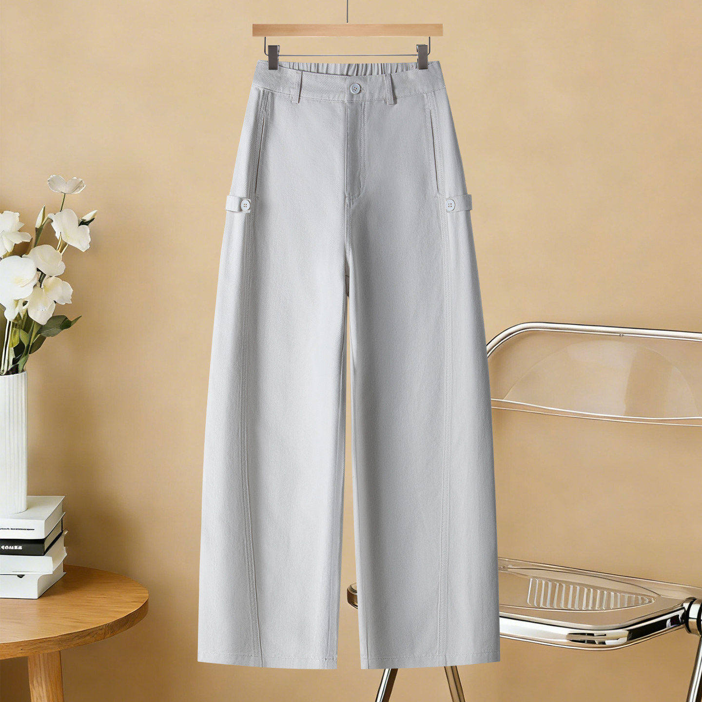 拉夏贝尔灰白色牛仔弯刀裤女春季2026新款高腰宽松显瘦香蕉镰刀裤,女装/女士精品,牛仔裤,淘宝优惠券,粉丝福利购,淘宝优惠卷