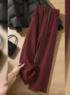 拉夏贝尔红色加厚阔腿裤女2026新款春季运动休闲卫裤显瘦直筒裤子