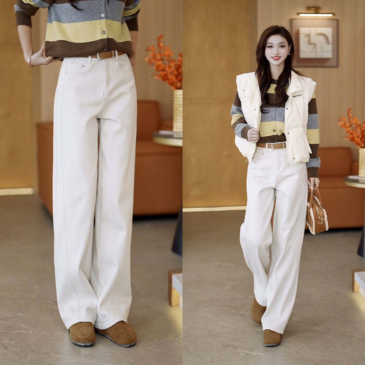 拉夏贝尔加绒阔腿裤女秋冬季浅色牛仔裤2025新款休闲裤弯刀裤长裤,女装/女士精品,大码裤装,淘宝优惠券,粉丝福利购,淘宝优惠卷