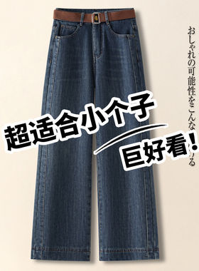 拉夏贝尔高腰复古蓝直筒牛仔裤女春秋2026新款小个子九分阔腿裤子