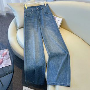 拉夏贝尔满天星烫钻阔腿牛仔裤 2026款 爆闪满钻显瘦直筒裤 女春秋季