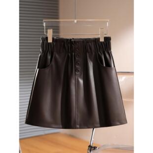 拉夏贝尔巨好看PU棕咖色皮裙女2026年秋季 小个子高腰显瘦短裙 新款