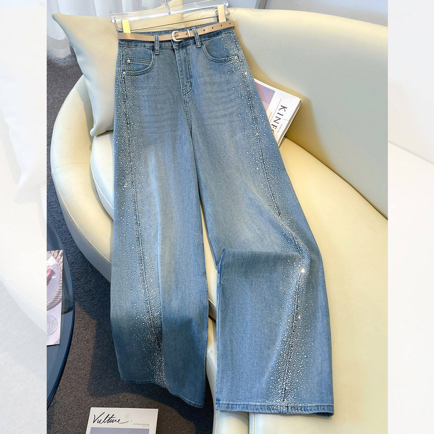 拉夏贝尔直筒牛仔裤女春秋2026新款高腰超好看宽松镶钻弯刀阔腿裤,女装/女士精品,牛仔裤,淘宝优惠券,粉丝福利购,淘宝优惠卷