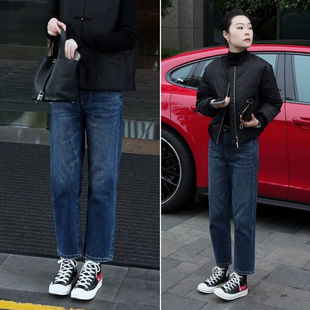 拉夏贝尔女士牛仔裤2025款秋冬季加绒烟管裤子高腰九分窄版直筒裤