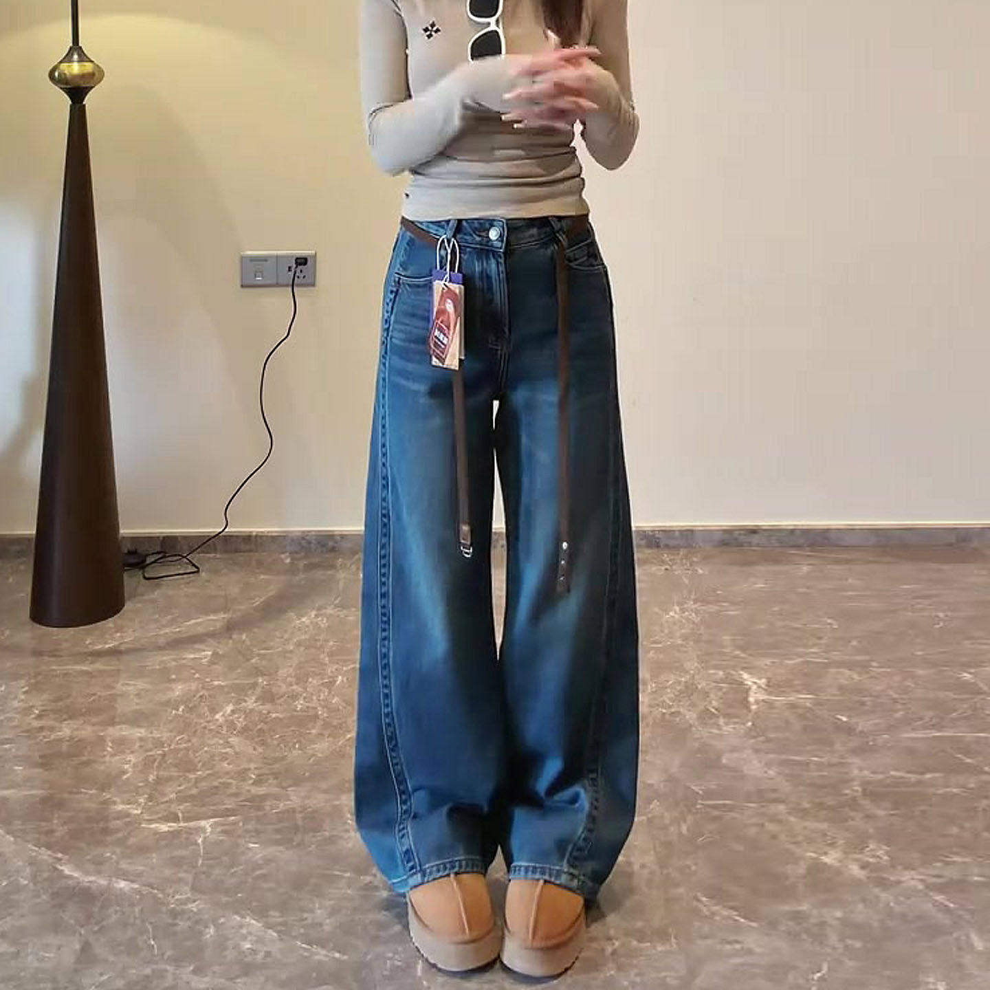 拉夏贝尔美式复古蓝色休闲牛仔裤女2025流行新款宽松拖地阔腿裤子,女装/女士精品,大码裤装,淘宝优惠券,粉丝福利购,淘宝优惠卷