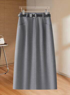 拉夏贝尔浅灰色直筒半身裙女春季2026款高级感中长款复古a字裙子