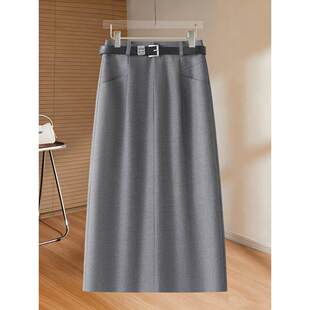 拉夏贝尔浅灰色直筒半身裙女春季2026款高级感中长款复古a字裙子