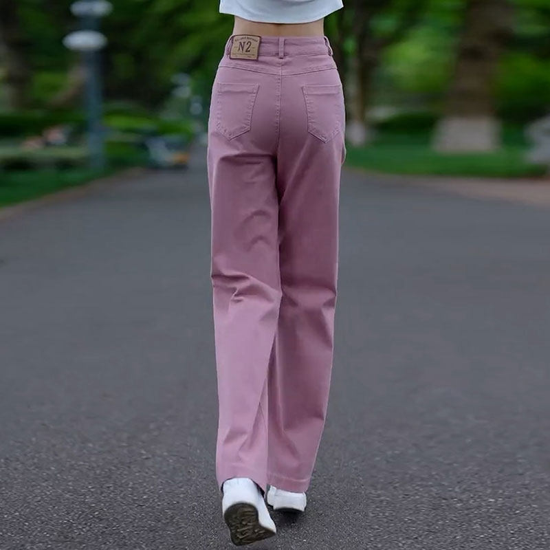 脏粉色牛仔阔腿裤女士2025春秋新款小个子女裤高腰直筒裤窄版裤子