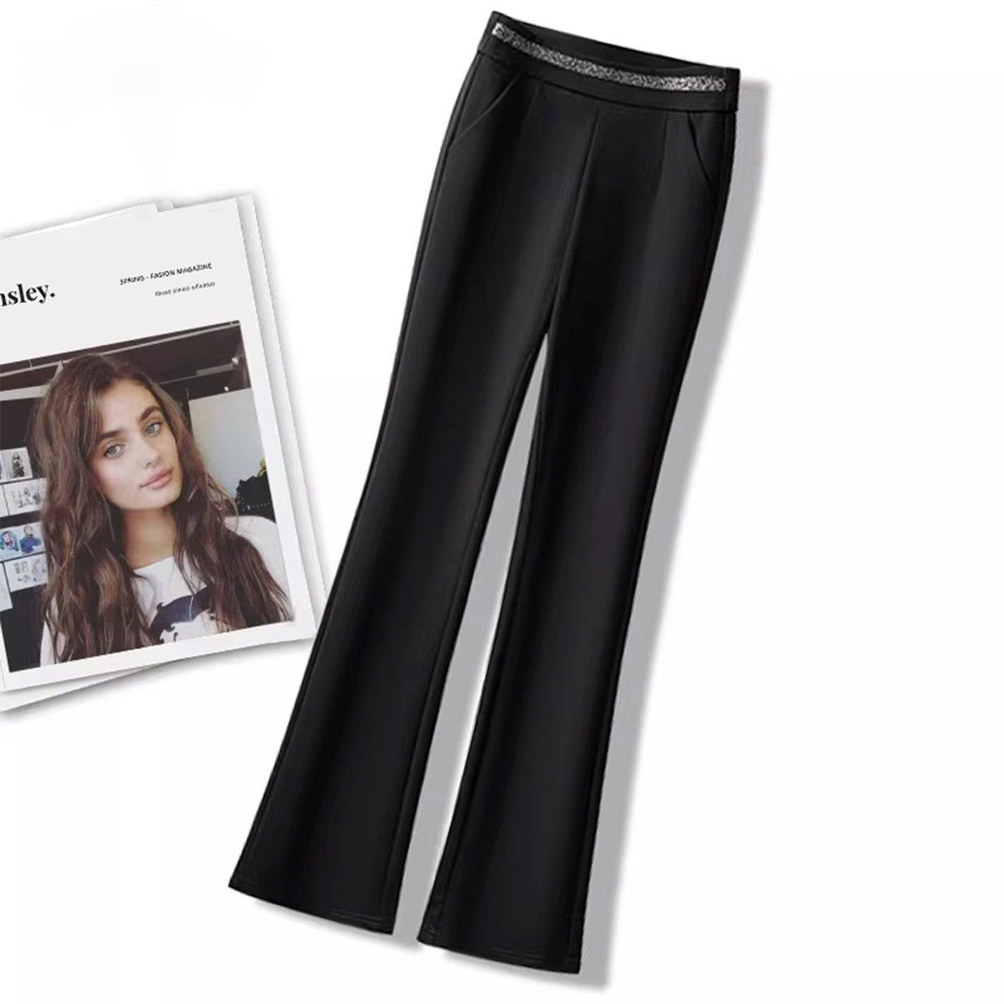 拉夏贝尔黑色西装微喇叭裤女春秋2026新款修身显瘦小个子九分喇叭,女装/女士精品,西装裤/正装裤,淘宝优惠券,粉丝福利购,淘宝优惠卷