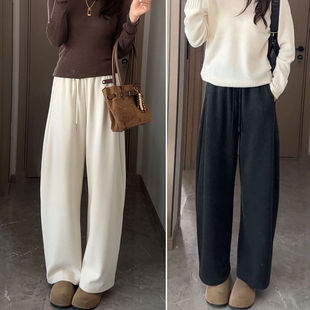 拉夏贝尔弯刀卫裤女款加绒裤子2025款长裤秋冬宽松显瘦羊毛阔腿裤
