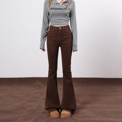 艾格洋气复古咖啡色弹力牛仔马蹄裤女秋季新款高腰显瘦微喇拖地裤