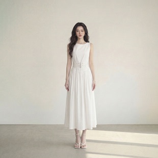 艾格温柔风无袖 高级感极简风背心长裙 白色连衣裙女收腰A字中长款