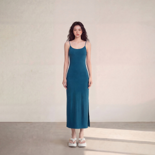 艾格简约风无袖 开叉吊带连衣裙女夏收腰显瘦A字长裙度假风蓝色裙