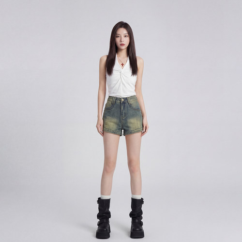 艾格夏季怀旧蓝高腰牛仔热裤女百搭弹力辣妹短裤子显腿长a字短裤