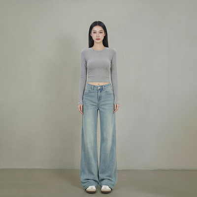 艾格怀旧蓝美式复古窄版阔腿牛仔裤女2026新款宽松直筒显瘦拖地裤