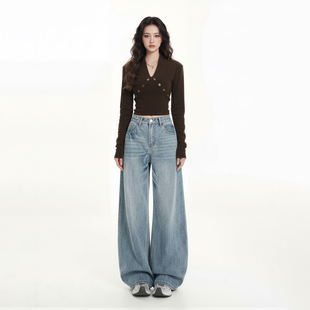 宽松显瘦垂感百搭弯刀拖地裤 新款 女2026春季 艾格复古阔腿牛仔裤