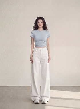 白色高腰牛仔阔腿裤女2026夏季新款宽松显瘦简约柔软百搭拖地裤子
