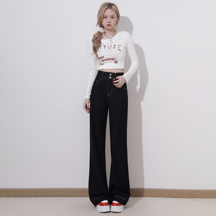 长裤 艾格丹宁蓝双扣不贴腿微喇叭牛仔裤 高腰拖地裤 美式 女2026春季