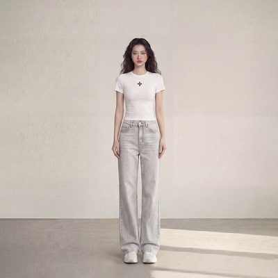 艾格冰川灰高腰显瘦直筒牛仔裤