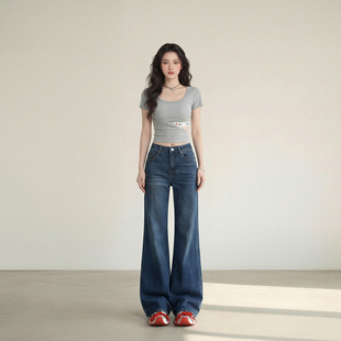 显瘦显高不贴腿拖地裤 艾格复古高腰阔腿喇叭牛仔裤 女2026新款
