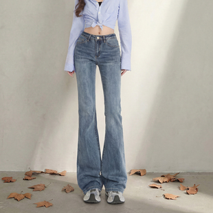艾格复古蓝做旧微喇牛仔裤女2026春季新款修身显瘦百搭弹力拖地裤
