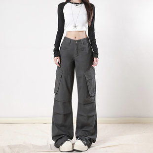 新款 女2026春季 时尚 修身 艾格复古多口袋工装 显瘦宽松阔腿直筒裤 裤