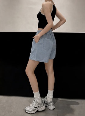 浅蓝色天丝高腰牛仔短裤女2026夏季A字显瘦百搭休闲做旧阔腿裤子