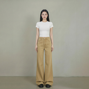 休闲直筒裤 女不贴腿显瘦垂感长裤 卡其色低腰阔腿牛仔裤 艾格美式