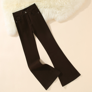 艾格气质复古咖啡色微喇牛仔女裤弹力百搭拖地裤子时尚马蹄喇叭裤