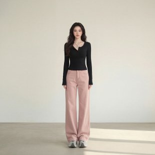 垂感显瘦百搭宽松直筒裤 艾格减龄粉色高腰阔腿牛仔裤 女2026春季