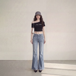显瘦不贴腿喇叭拖地裤 艾格水洗浅蓝磨白微喇牛仔裤 2026春夏修身