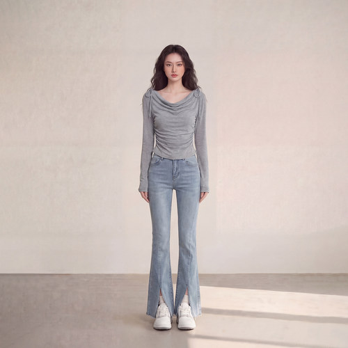 艾格纯欲灰色抽绳显瘦长袖T恤