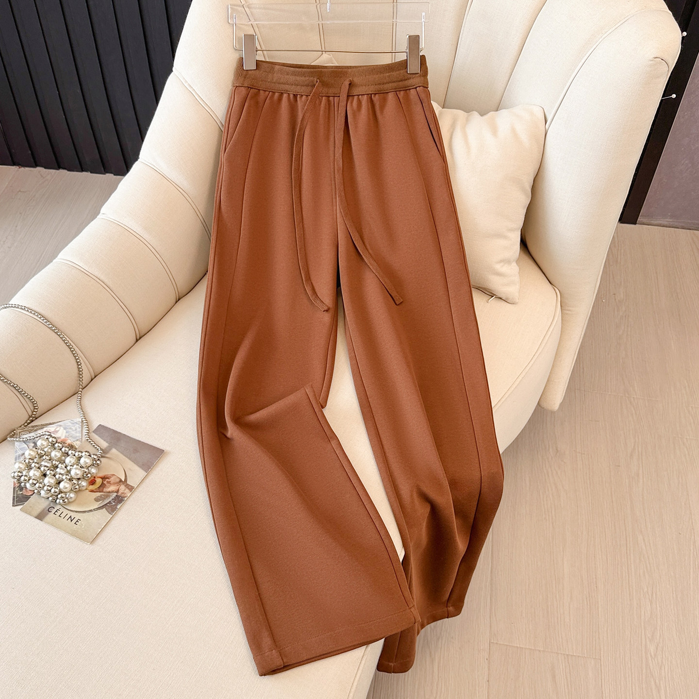 艾格复古棕色松紧腰垂感直筒裤休闲宽松显瘦显高阔腿裤拖地长裤子,女装/女士精品,休闲裤,淘宝优惠券,粉丝福利购,淘宝优惠卷