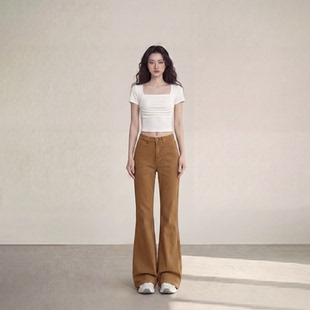 艾格美式复古土黄色低腰喇叭裤春季新款修身显瘦百搭拖地裤