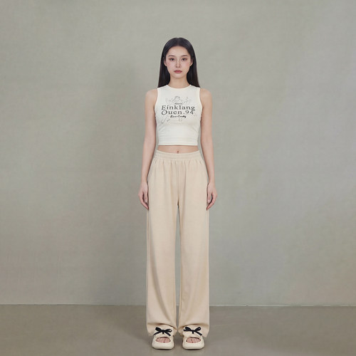 艾格2026夏季新款复古杏色垂感阔腿休闲裤女高腰宽松显瘦直筒拖地