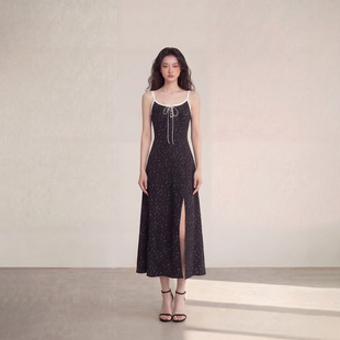 艾格法式 碎花吊带连衣裙女黑色系带开叉长裙收腰显瘦气质裙A字裙