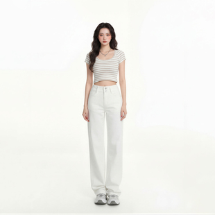 子 宽松阔腿裤 艾格简约风白色高腰直筒牛仔裤 女百搭垂感显瘦拖地裤