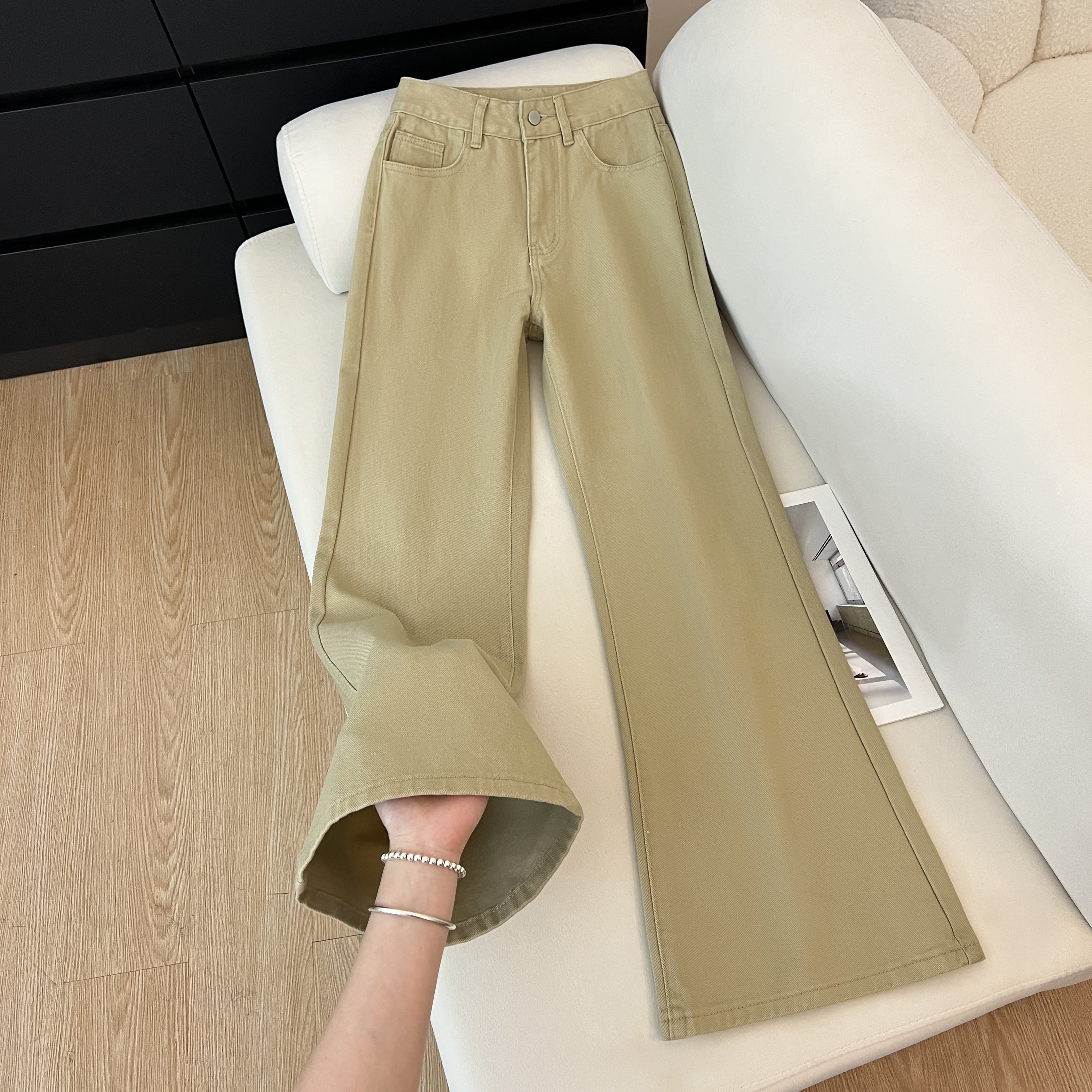 艾格卡其色不贴腿显瘦喇叭牛仔裤女宽松垂感直筒裤复古百搭拖地裤,女装/女士精品,牛仔裤,淘宝优惠券,粉丝福利购,淘宝优惠卷