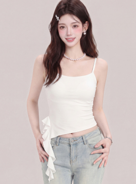 白色外穿不规则吊带背心女2026夏季新款辣妹荷叶收腰无袖上衣短款