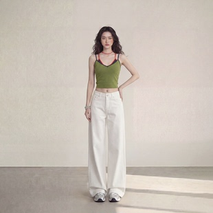 艾格白色刺绣阔腿牛仔裤 女2026春夏宽松垂感显瘦直筒百搭拖地裤