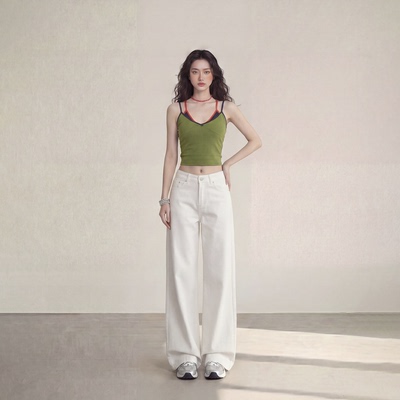 艾格白色刺绣阔腿牛仔裤女2026春夏宽松垂感显瘦直筒百搭拖地裤