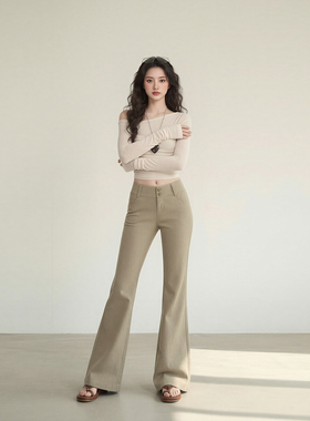 艾格可可奶卡纯棉微喇叭裤女2026春季修身显瘦显高垂感拖地裤