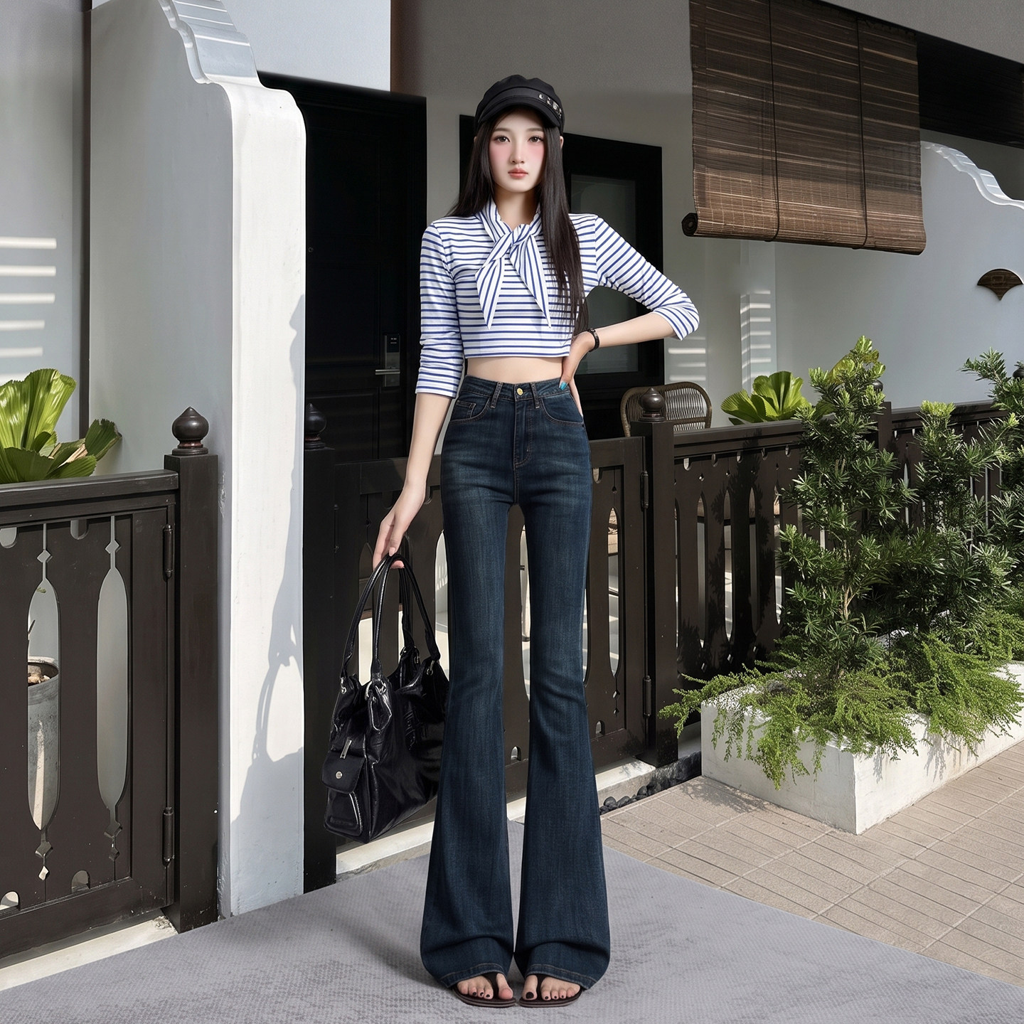 深蓝色高腰微喇牛仔裤女2026年秋季新款弹力修身显瘦百搭喇叭裤子